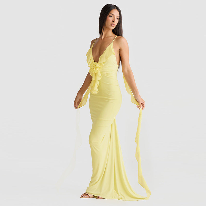 Scarlet Muse Backless Ruffle Maxi Dress