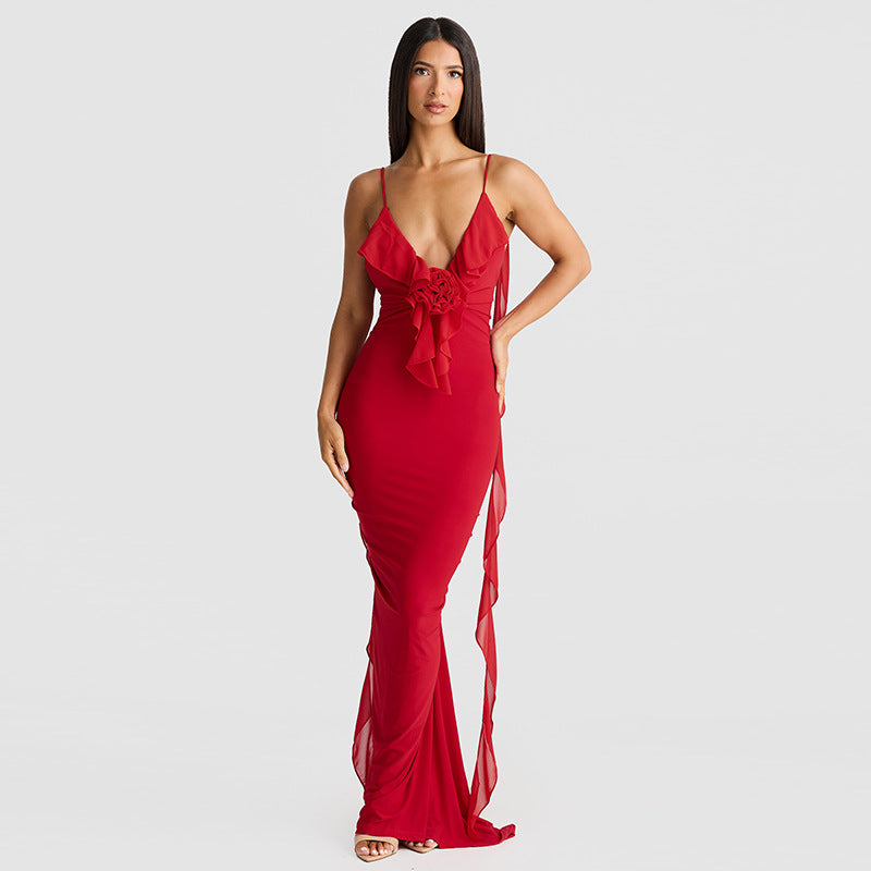 Scarlet Muse Backless Ruffle Maxi Dress