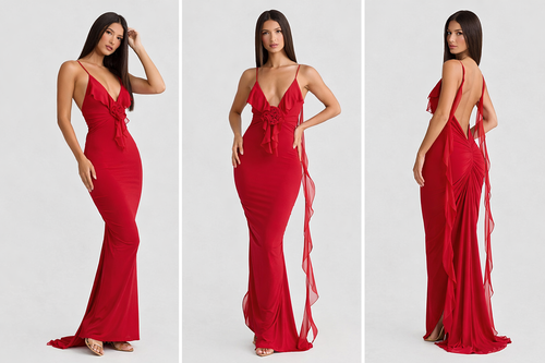 Scarlet Muse Backless Ruffle Maxi Dress